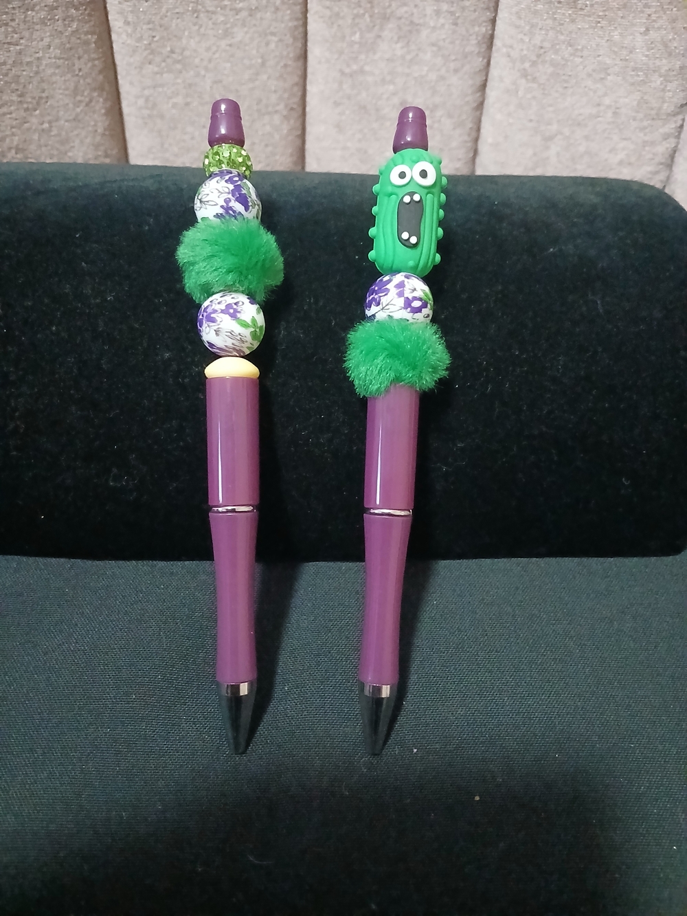 Whimsical Purple Beaded Pen Set with Green Accents